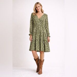 Inspired Hearts Green Floral Long Sleeve Boho Tiered Midi Dress ~ Size Large